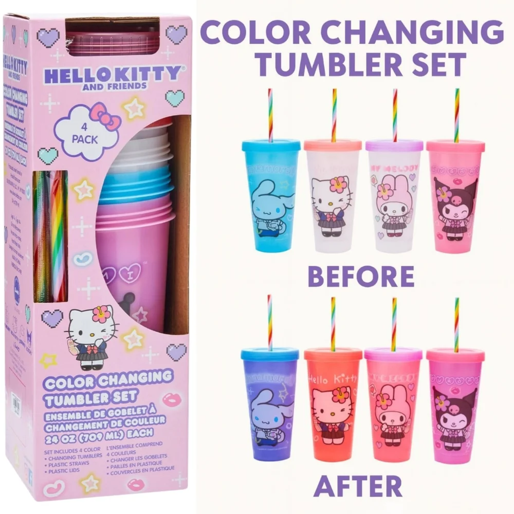 Hello Kitty Color Changing Tumbler Set 4 Pack 24 oz Sanrio Kawaii NWT